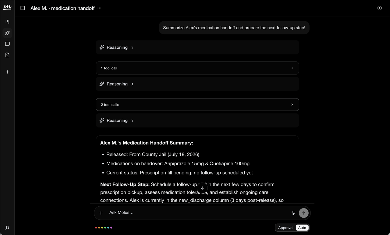 Molus chat summarizing a medication handoff and proposed follow-up