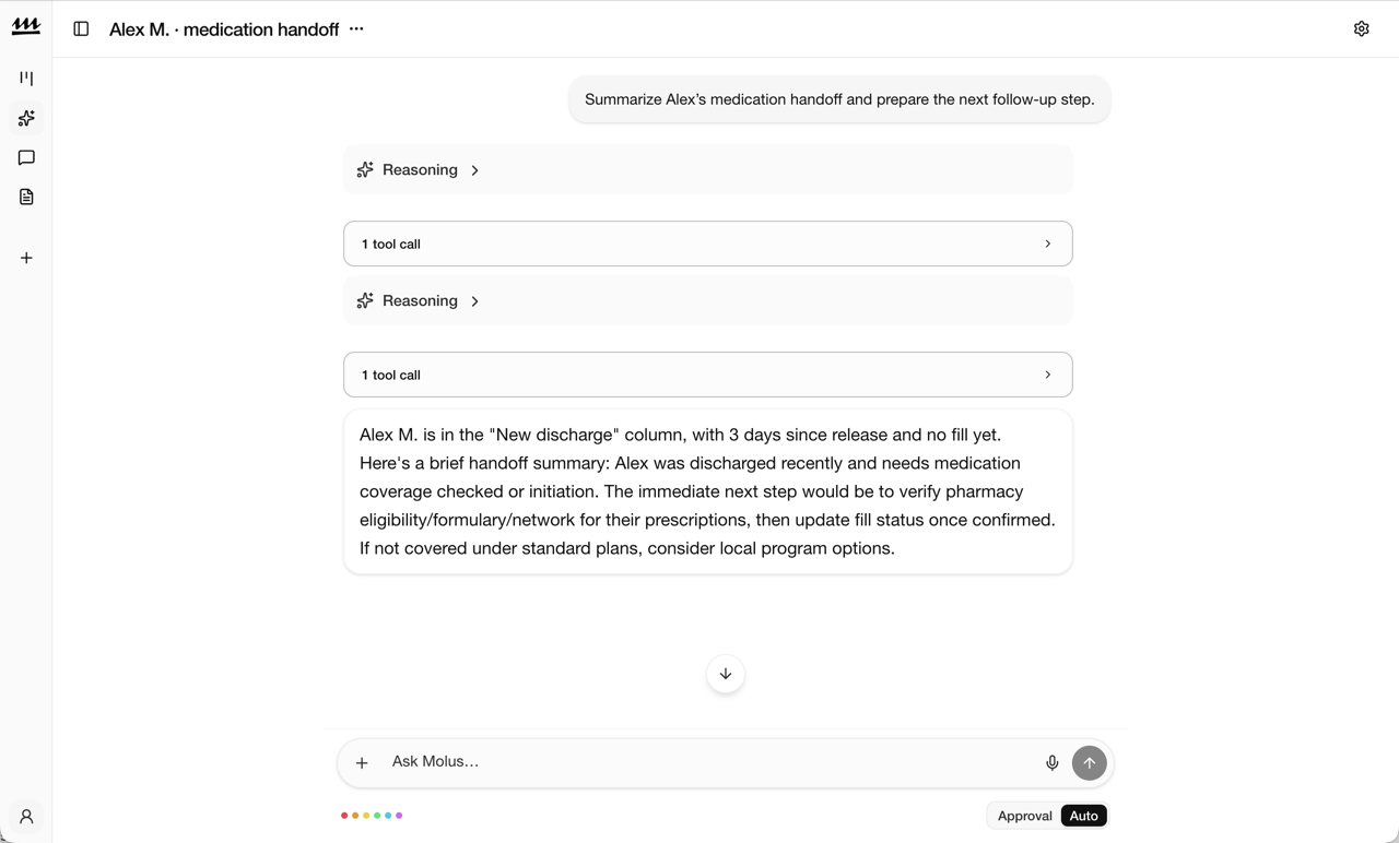 Molus chat summarizing a medication handoff and proposed follow-up