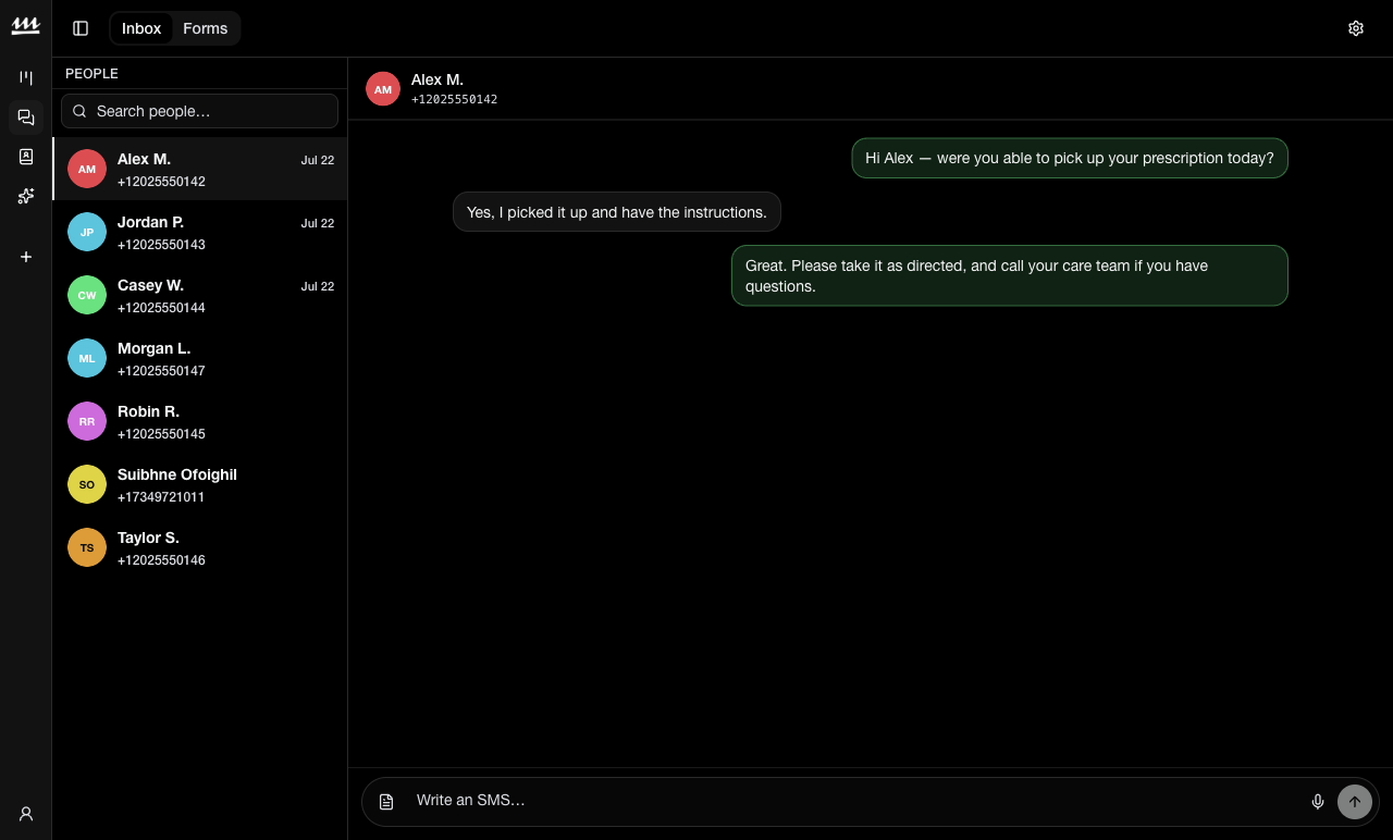 Molus messaging showing a medication follow-up conversation
