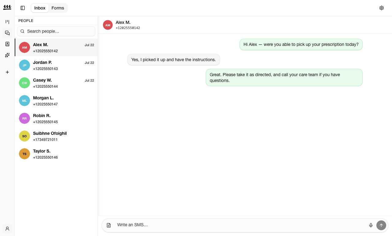 Molus messaging showing a medication follow-up conversation