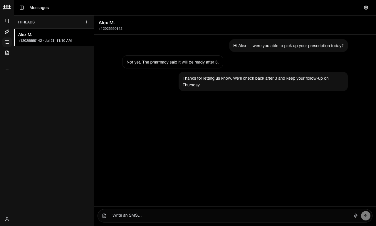 Molus messages showing a medication follow-up conversation