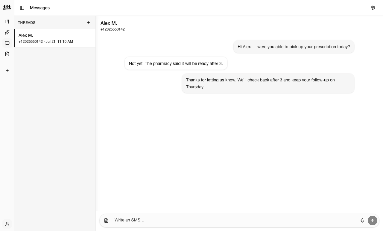 Molus messages showing a medication follow-up conversation