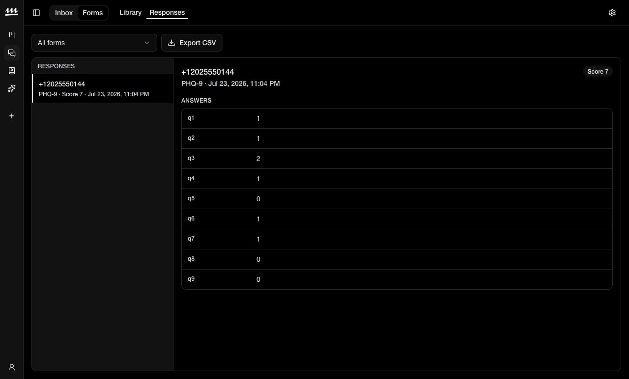Molus form responses showing a completed PHQ-9 with score and answers