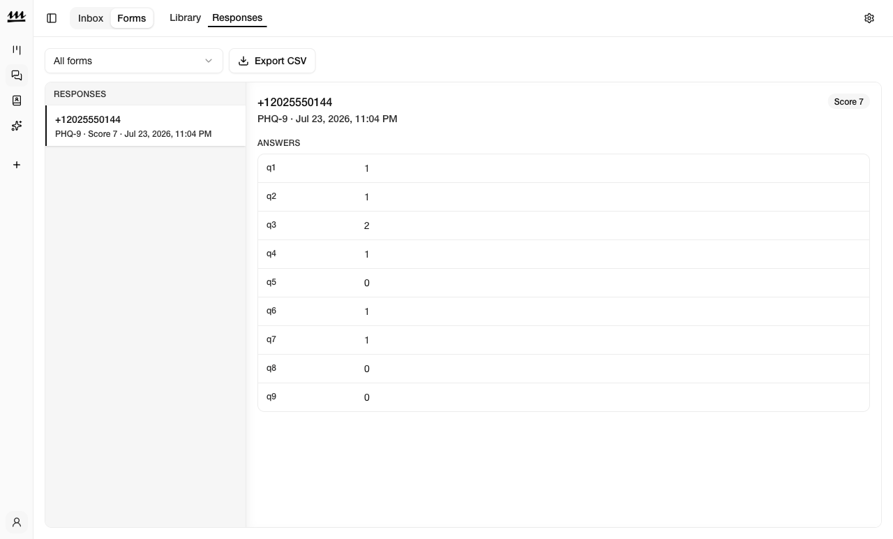 Molus form responses showing a completed PHQ-9 with score and answers